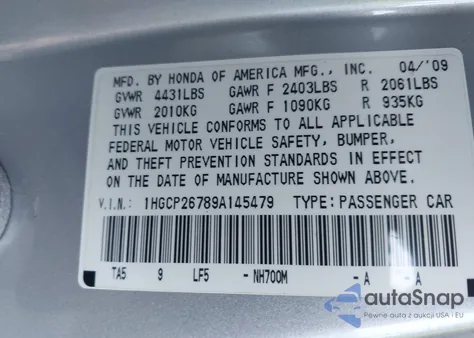 2009 Honda Accord 2.4 Ex from USA, damaged, VIN 1HGCP26789A145479